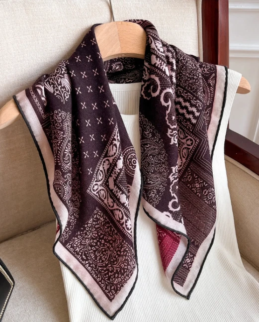 70% Cashmere 30% Silk Bandanna Shawl 26'' totem Print Scarf Neckerchief Wrap