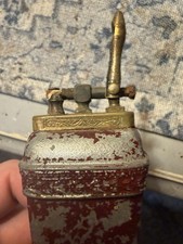 Vintage Cast Metal Red Enamel Urn/Cone Table Cigar Lighter Brass Wick Top Patina