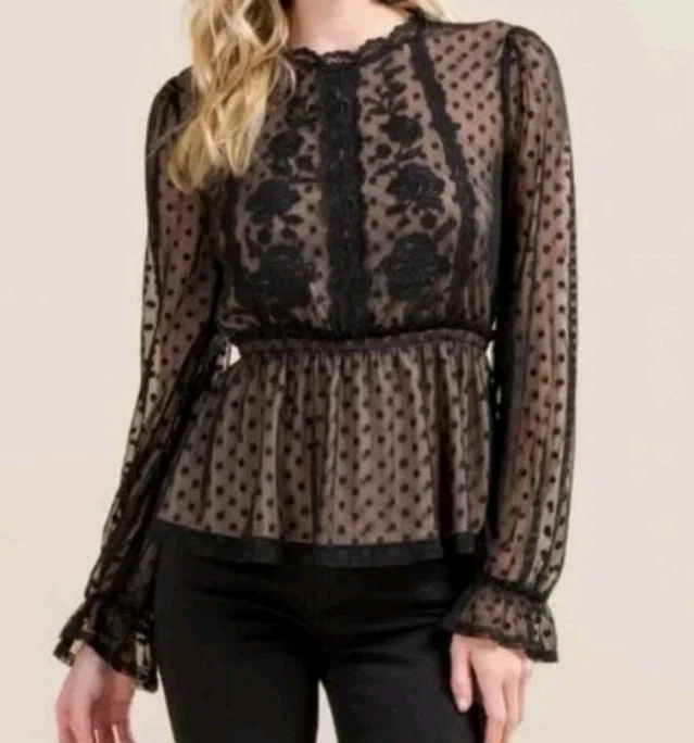 Top manga larga azul lluvia encaje negro peplum mediano caprichoso gótico romántico con forro