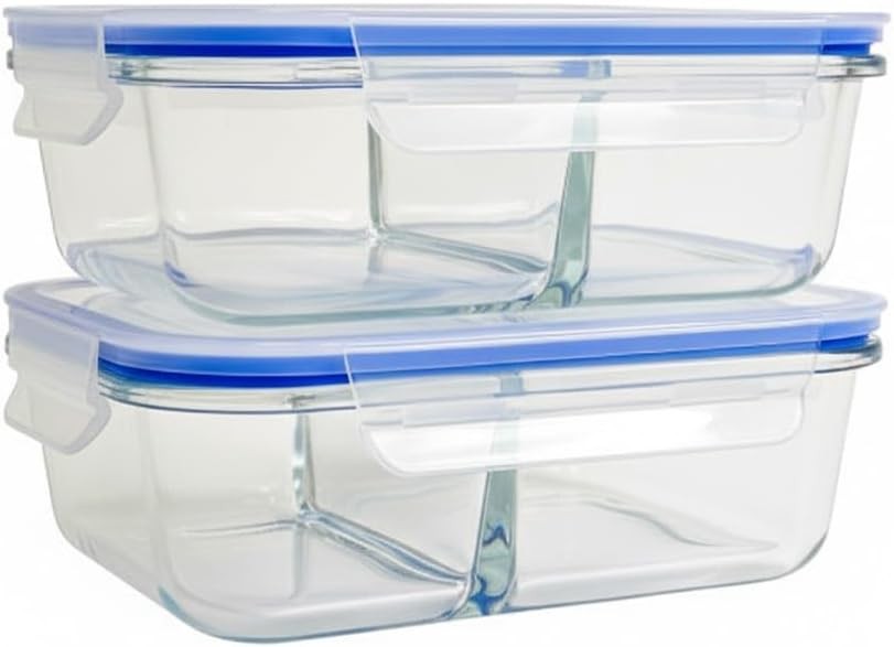 Glass Food Containers with Lids – 2 Pack, 2-Compartment Meal Prep Containers,