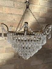 Vintage Hanging Brass & Tiered Glass Droplet Light Shade Chandelier Stunning