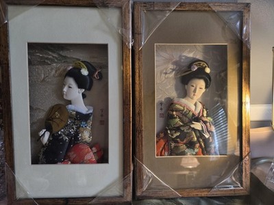 Vintage Uhei Japanese Oshie 3D Fabric Art Framed Geisha Maiko Doll Shadow Bx Set