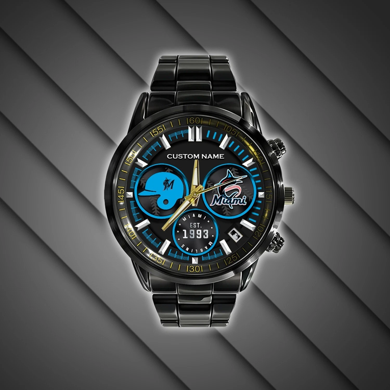 Personalized Miami Baseball Marlinss Team Men Black Stainless Steel Watch Gift