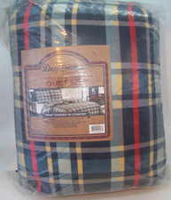 Dearfoams 3 Pc KING Size Plaid Quilt Bedding Set w/2 Shams Blue Red Yellow NEW
