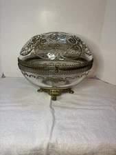 Antique Victorian Crystal Etched Glass Jewelry Casket Trinket Box Egg Shape