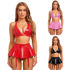 Women Wet Look Halter Top And Skirt Set Garter Belts Lightweight Stretchy Outfit
