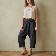 Free People Movement Pants Womens Large Faded Black Wash Harem Dropped Crotch