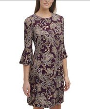 Tommy Hilfiger Dress Women 12 Burgundy Scrolling Paisley Print Bell Sleeve NEW