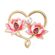 Women's Pink Enamel Rhinestone Lotus Flower Heart Brooch Pin