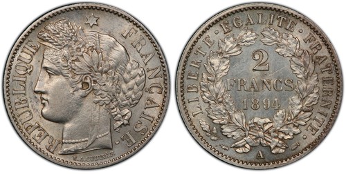 France 2 franc Cérès 1894 A argent PCGS AU Gad.530a F.265monnaie française - Imagen 2 de 2