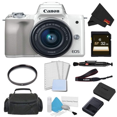 Canon EOS M50 Mirrorless Digital Camera +15-45mm Lens (White) Advanced Bundle w/
