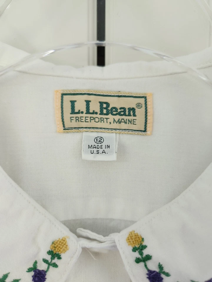 Blusa LL Bean vintage anos 80 12 bordada floral branca colarinho de bolso manga longa - Imagem 3 de 4