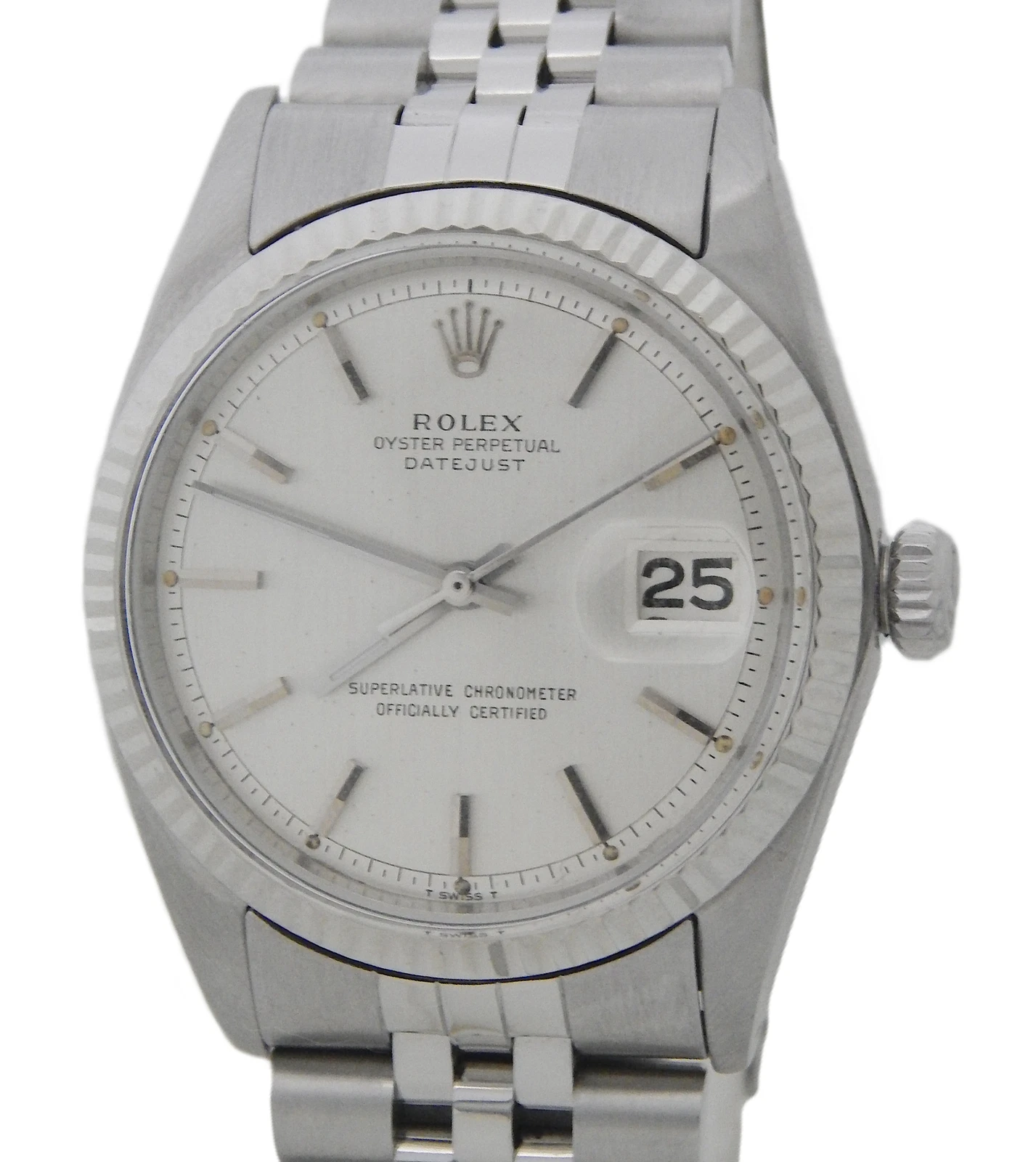 Rolex — Rolex Datejust 1601 Stainless Steel Watch White Gold Fluted Bezel Silver Dial