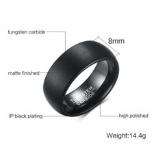 8mm Men's Authentic Tungsten Carbide Black Matte Brushed Domed Wedding Band Ring