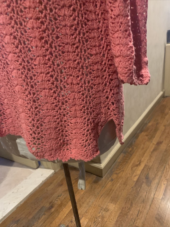 KATE HILL PETITE LINEN/COTTON PINK CROCHET SWEATER VNECK SWEATER SZ