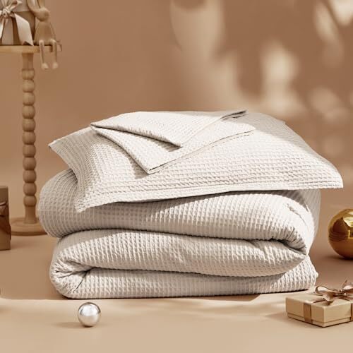 Waffle Comforter Set Beige Soft Cotton Bedding Set, Waffle Queen 01 - Beige - Picture 3 of 7