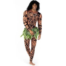 Mens Maui Costume Adult Tattoo Warrior Hawaiian Polynesian Demi God Bodysuit