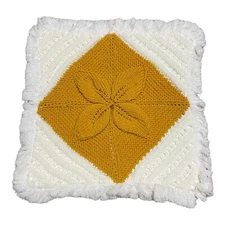 Crochet Handmade Mustard Yellow Flower Throw Pillow Cover Cottage Granny Core 18
