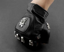 Mens Real Leather Skull Punk Rocker Driving Motorcycle Biker Fingerless Gloves