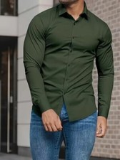 Camisa de vestir verde de corte liso, c moda, el stica y ajustada