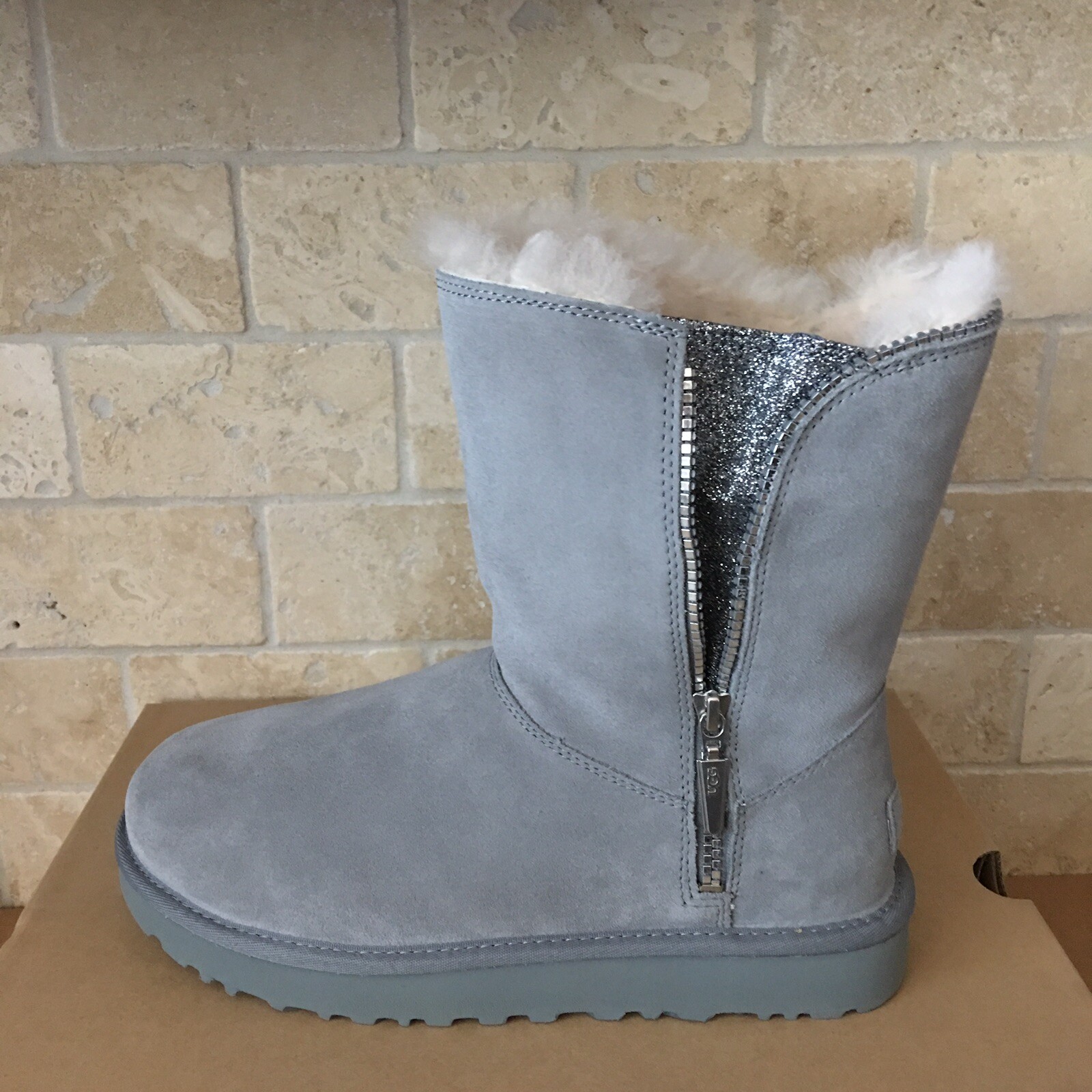 UGG Classic Short Marice Geyser Suede Fur Zipper Glitter Boots Size 11