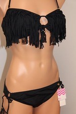 NWT Raisins Swimsuit Bikini 2pc set Sz M L Bandeau Black Fringe