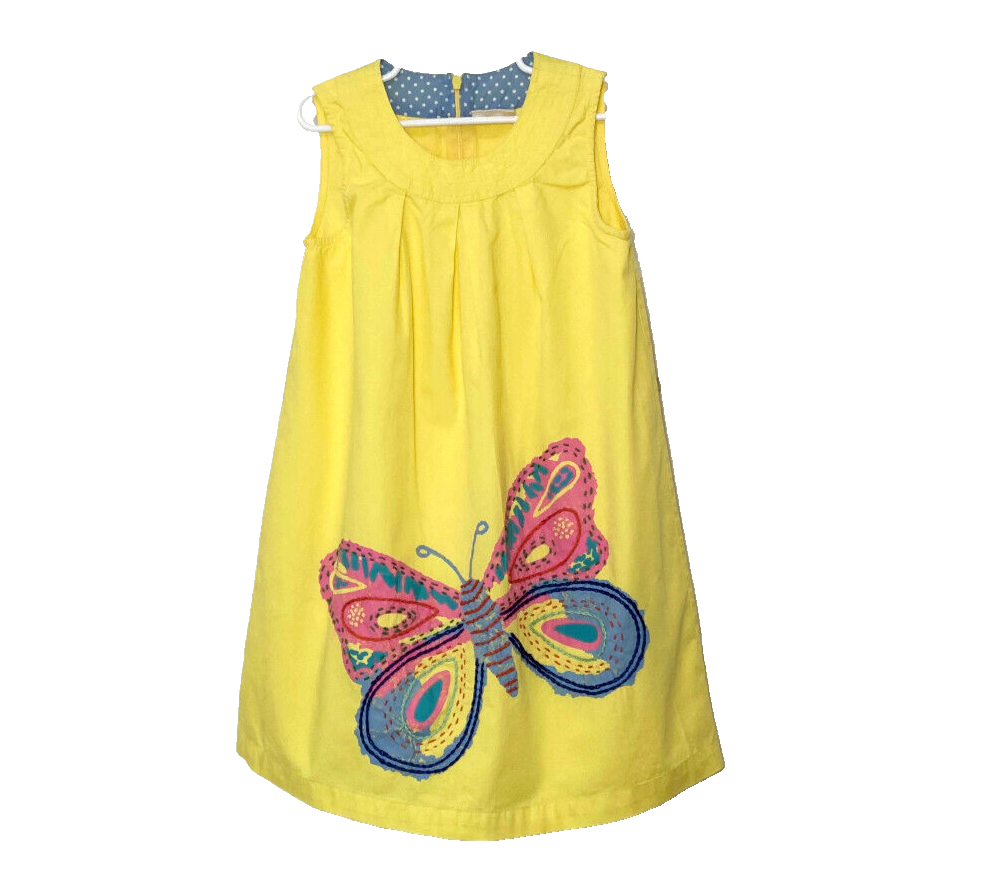 MINI BODEN YELLOW SLEEVELESS A-LINE DRESS, BUTTERFLY EMBROIDERY, SIZE 7/8