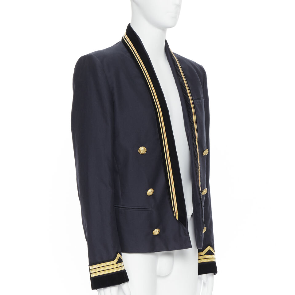 Seminary Pelagic gør ikke new BALMAIN navy cotton velvet military shawl collar double breasted jacket  EU52 | eBay