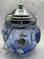 Blue Glass Candy/Bisquit Jar W/Silver Vines Japanese, Music Box Lid