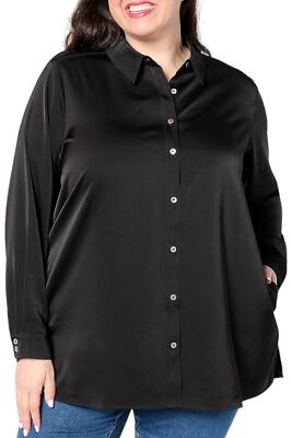 Susan Graver Women's Woven Stretch Satin Button Front Shacket Black