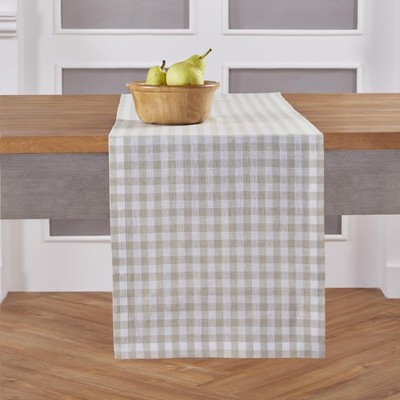 Linen Table Runner 144 Inches Long - 100% Pure Linen Natural Gingham Check Ta...