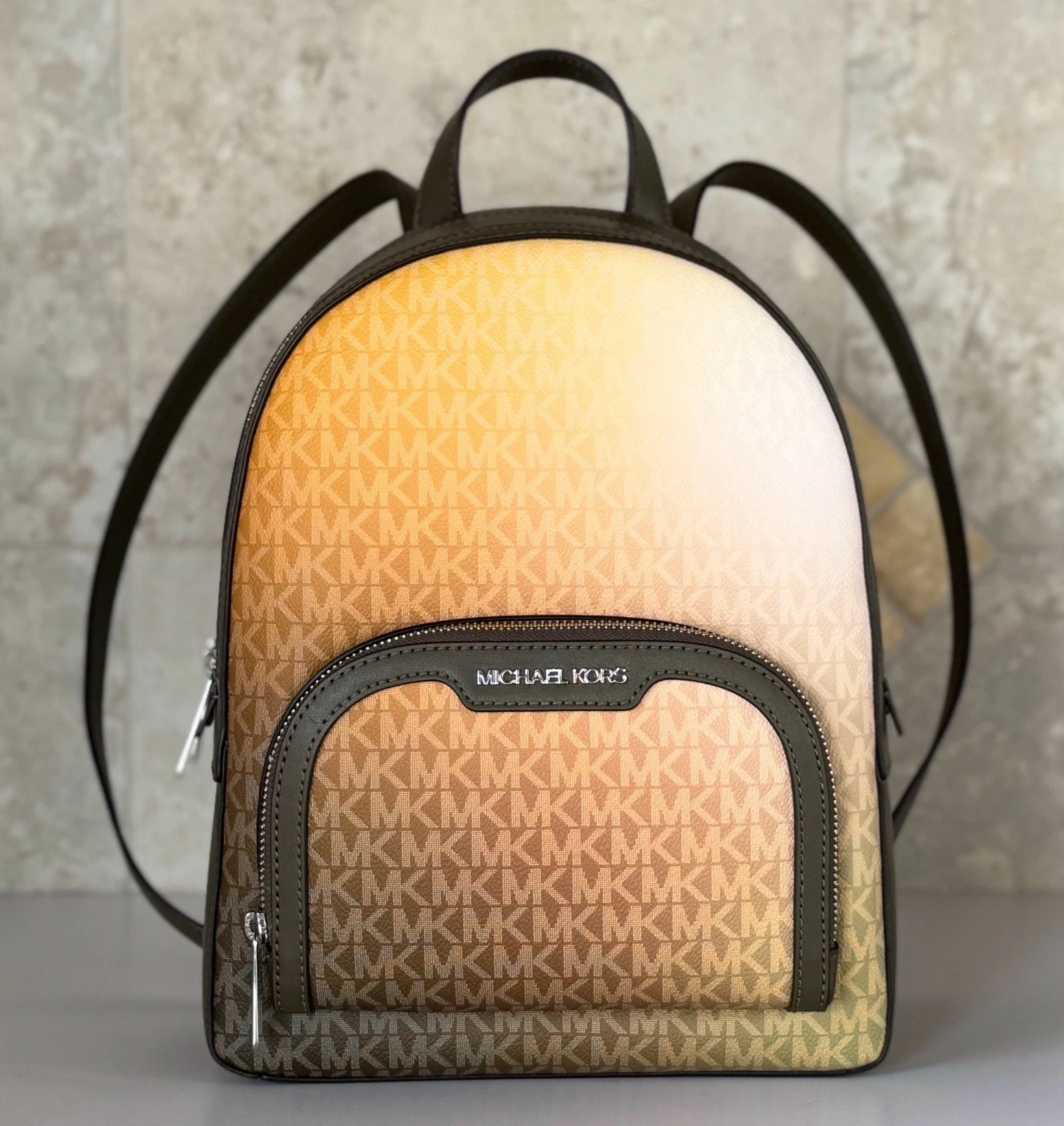 Michael Kors Jaycee Medium Zip Pocket Backpack MK Ombre Olive Multi