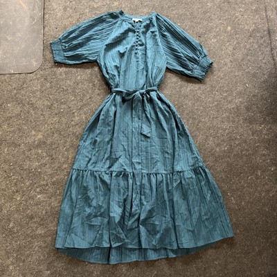 MILA MAE Shirt Dress Womens Large, Teal Pleated Henley Maxi Belted Puff Sleeve