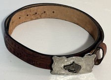 Horse Head On Ornate Silver Buckle. Beautiful Leather Belt As Well Sz 36