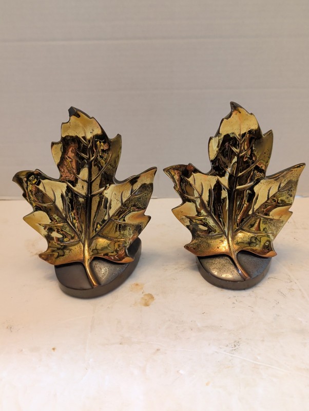 Vintage PMC Cast Metal Maple Leaf Bookends Mcm Fall Decor Autum 