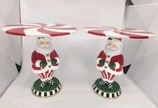 Set Of 2 MacKenzie- Childs Holly Jolly Santa Pedestal Plate (Has Paint Defects)