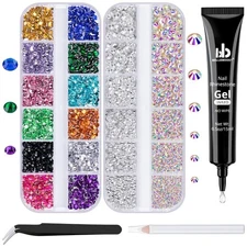 Nail Art Rhinestone Glue Kit 15ml with Colorful Flatback Gems Glass Crystals AB