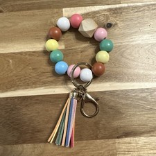 Bright Multicolor Wooden Beaded Wristlet Keychain With Tassel
