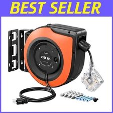 60 FT Retractable Heavy Duty Extension Cord Reel with 6 Outlets - Wall Mounted