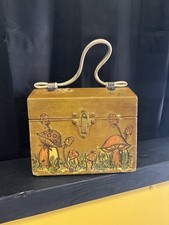 Vintage Handmade Wooden Box Purse 70  s Mushrooms Decoupage Signed Carl