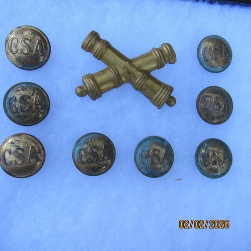 Vintage Civil War CSA Artillery Cap Badge and 8 Buttons repro/reenactor relics