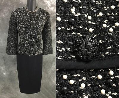 BEAUTIFUL St John evening knit Black pearl rhinestones embellished skirt suit 10