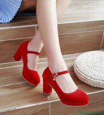 Women's Faux Suede Mary Jane Pumps Chunky Heel Ankle Strap Wedding Party Shoes
