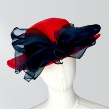 Vintage Red Wide Brim Kentucky Derby Fancy Black Bow Hat