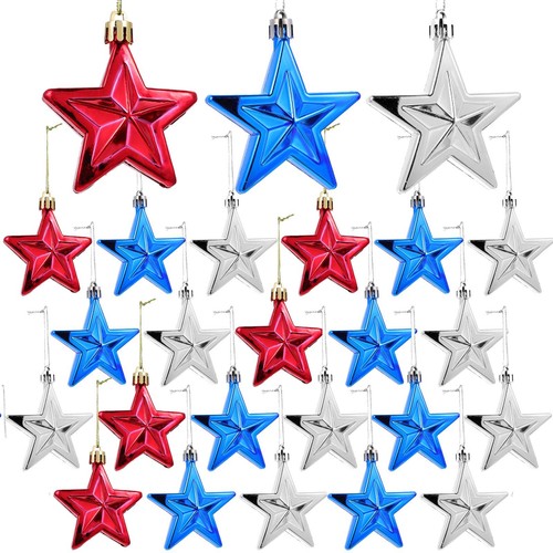 24pcs 4th of July Star Ornaments for Tree - Independence Day Star Hanging Orn...
