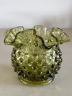Vintage Fenton Green Ruffled Hobnail Glass Vase, Rose Bowl, 3” high, Unmarked