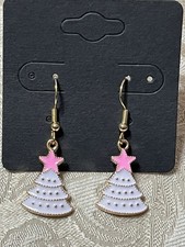 Christmas Tree Pink Gold Holiday Gold Enamel Drop Dangle Adorable Earring Set