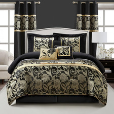 Black and Gold Comforter Set California King Size, 9 Piece Jacquard Floral Beddi