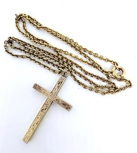 Art Deco Gold Filled Etched Christian Cross Necklace Chain Vintage Jewelry