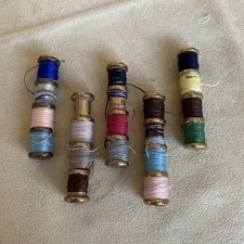 Little Tiny Mini Brass Antique Vintage Thread Spools Lot Of 5-2” Length